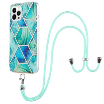 YB IMD Series-5 Ultra Slim Back Cover for iPhone 14 Pro Max 6.7 inch, IML Electroplating Splicing Marble Pattern TPU Phone Case Protective Shell with Lanyard