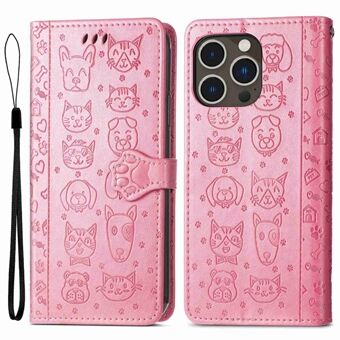 For iPhone 14 Pro Max 6.7 inch Imprinted Cat Dog Pattern Anti-scratch PU Leather Wallet Cover Stand Magnetic Shockproof Protective Flip Case with Strap