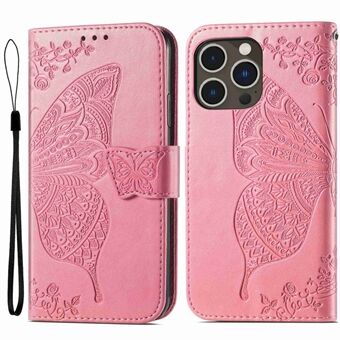 For iPhone 14 Pro Max 6.7 inch Shockproof Butterfly Imprinted Magnetic Closure Flip Leather Case Soft TPU Wrist Strap Stand Book Wallet Phone Cover