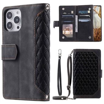 005 Style For iPhone 14 Pro Max 6.7 inch, Drop-proof Phone Flip Wallet Case Stand PU Leather Rhombus Texture Zipper Pocket Anti-scratch Cellphone Cover with Strap