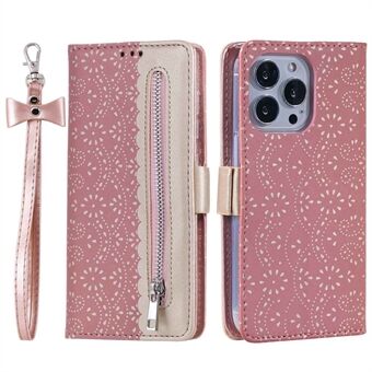 For iPhone 14 Pro Max 6.7 inch Zipper Wallet Case Lace Flower Pattern Overall Protection PU Leather Bowknot Wrist Strap Stand Phone Cover