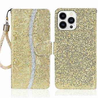 For iPhone 14 Pro Max 6.7 inch Glitter PU Leather Stand Phone Case Bling Magnetic Anti-wear Shockproof Cover with Hand Strap
