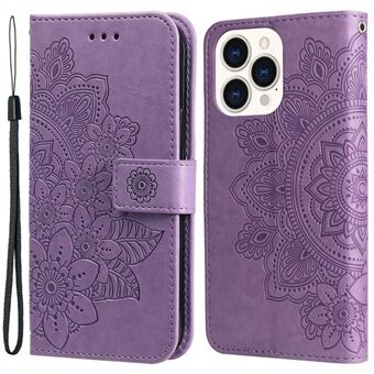 For iPhone 14 Pro Max 6.7 inch Flower Imprinting PU Leather Phone Drop-proof Case Magnetic Clasp Flip Stand Wallet Cover with Strap