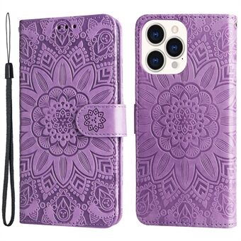 For iPhone 14 Pro Max 6.7 inch PU Leather Sunflower Imprinting Protective Case Flip Stand Wallet Mobile Phone Cover with Strap