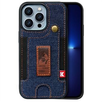 For iPhone 14 Pro Max 6.7 inch Jeans Cloth + Leather Coated TPU Anti-scratch Card Slot Design Cell Phone Case with Hand Strap