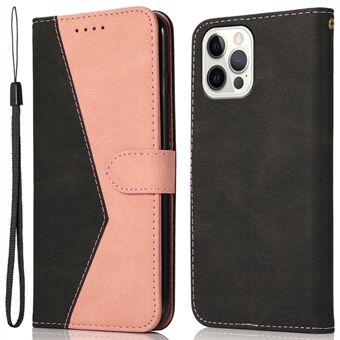For iPhone 14 Pro Max 6.7 inch Dual-color Splicing Collision Resistant PU Leather Wallet Stand Case Cover with Wrist Strap