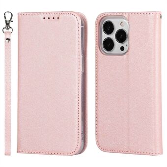 For iPhone 14 Pro Max 6.7 inch Wear-resistant PU Leather Silk Texture Wallet Phone Case Stand Protector with Wrist Strap