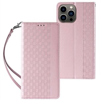 For iPhone 14 Pro Max 6.7 inch Imprinted Pattern PU Leather Phone Case Magnetic Auto-closing Flip Stand Wallet Anti-drop Cover with Strap