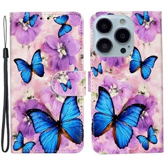 For iPhone 14 Pro Max 6.7 inch PU Leather Pattern Embossed Case Wallet Foldable Stand Folio Flip Phone Cover with Hand Strap