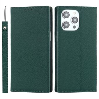 For iPhone 14 Pro Max 6.7 inch Genuine Leather Case Litchi Texture Wallet Stand Folio Flip Phone Cover with Hand Strap