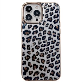 For iPhone 14 Pro Max 6.7 inch Leopard Pattern Phone Case Electroplating PU Leather Coated TPU Drop-proof Back Cover