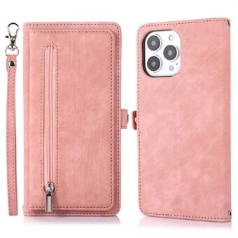 For iPhone 14 Pro Max 6.7 inch 9 Card Slots Phone Wallet Case Zipper Pocket Design Full Protection PU Leather Stand Cover with Wrist Strap