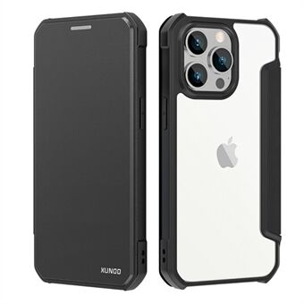 XUNDD For iPhone 14 Pro Max 6.7 inch PU Leather Card Slot Case Magnetic Auto-absorbed Transparent Acrylic Folio Flip Cover - Black