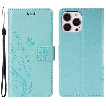 For iPhone 14 Pro Max 6.7 inch Imprinted Butterflies PU Leather Flip Wallet Case Stand Anti-fall Phone Cover with Strap