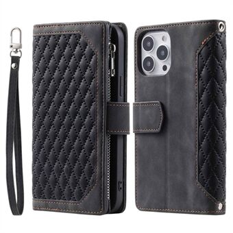 For iPhone 14 Pro Max 6.7 inch Drop-proof Zipper Pocket Phone Cover Card Holder Rhombus Grid Texture Anti-scratch PU Leather Flip Wallet Stand Case