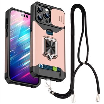 For iPhone 14 Pro Max Kickstand Phone Shell Card Slot Slide Camera Cover PC+TPU Cell Phone Case with Strap