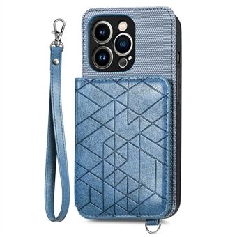 PU Leather Coated TPU Kickstand Case for iPhone 14 Pro Max, Geometry Imprinted Wallet Cell Phone Cover with Strap
