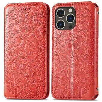 For iPhone 14 Pro Max Mandala Flower Imprinted Stylish Phone Protective Case Magnetic Auto-closing PU Leather Cover with Stand Wallet