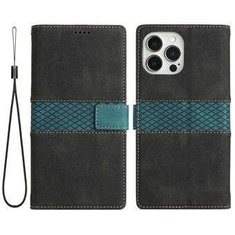 Anti-drop Phone Wallet Case for iPhone 14 Pro Max, Grid Splicing Folio Flip Phone Cover PU Leather Stand with Strap