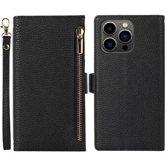 Litchi Texture Phone Case for iPhone 14 Pro Max, Drop Resistant Zipper Pocket PU Leather Flip Cover Wallet with Strap