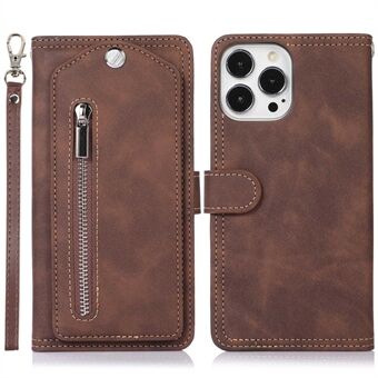 For iPhone 14 Pro Max PU Leather Rotating Makeup Mirror Zipper Pocket Wallet Case Full Body Protective Stand Cover with Strap