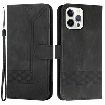 YX0010 Series for iPhone 14 Pro Max PU Leather Wallet Phone Cover Imprinted Rhombus and Lines Stand Folio Flip Case with Strap