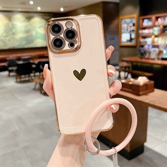 Anti-Fall Phone Case for iPhone 14 Pro Max Shockproof Case Heart Pattern Electroplating TPU Phone Cover with Silicone Strap