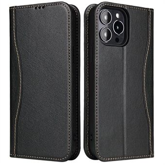 FIERRE SHANN Drop-proof Phone Case for iPhone 14 Pro Max, Top Layer Cowhide Leather Wallet Stand Magnetic Closure Cell Phone Cover