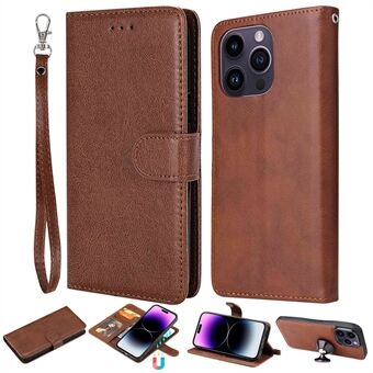 KT Leather Series-3 for iPhone 14 Pro Max Magnetic Detachable Wallet Phone Case Solid Color PU Leather Stand Shockproof Wrist Strap Removable Flip Protective Cover