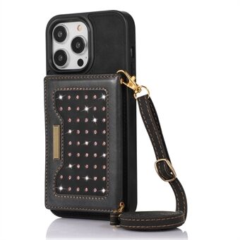 For iPhone 14 Pro Max Rhinestone Decor Wallet Leather Coated TPU Case RFID Blocking Kickstand Anti-scratch Phone Cover with Shoulder Strap