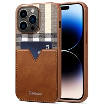 PEELCAS For iPhone 14 Pro Max Plaid Pattern PU Leather Coated PC + TPU Hybrid Case Anti-scratch Phone Cover with V-Shape Card Holder