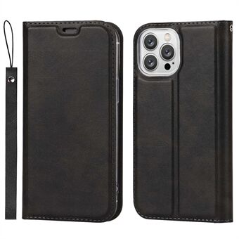 For iPhone 14 Pro Max Foldable Stand Card Holder Case Magnetic Auto-absorbed Calf Texture PU Leather Shockproof Cover with Strap