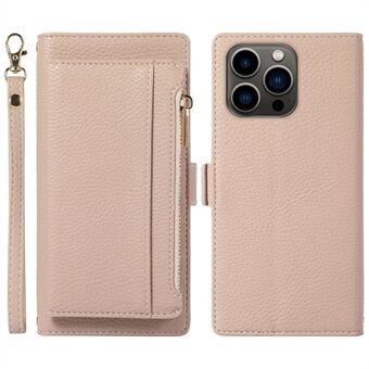 For iPhone 14 Pro Max Litchi Textured 2 in 1 Phone Case Stand Zippered Pocket Magnetic Cell Phone Wallet Cover with Handy Strap