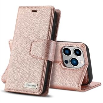 DOLISMA For iPhone 14 Pro Max Litchi Texture Leather Wallet Stand Phone Shell with Magnetic Detachable Leather Coated TPU Back Case