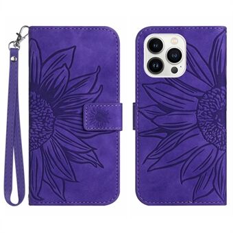 Bump Proof Flip Phone Case for iPhone 14 Pro Max, HT04 Imprinted Sunflower Stand PU Leather Skin-Touch Magnetic Wallet Cover with Strap