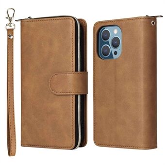 For iPhone 14 Pro Max PU Leather Wallet Phone Case 9 Card Holder Slots Magnetic Closure Zipper Pocket Stand Flip Cover with Strap