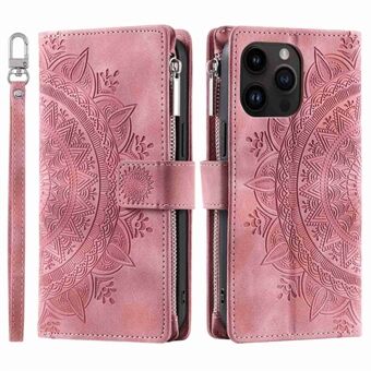 Zipper Pocket Wallet Case for iPhone 14 Pro Max, Fall Resistant Mandala Flower Imprinted PU Leather Stand Cover with Multiple Card Slots