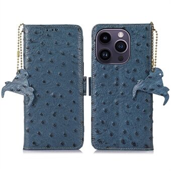 For iPhone 14 Pro Max Ostrich Pattern Scratch Resistant Genuine Cowhide Leather Case, Side Magnetic Closure Phone Case RFID Blocking Wallet Phone Cover with Stand