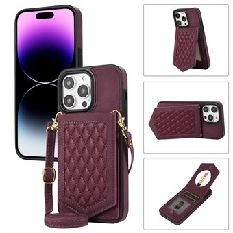 For iPhone 14 Pro Max Imprinted Rhombus PU Leather Coated TPU Phone Case RFID Blocking Protection Card Holder Kickstand Cover with Makeup Mirror and Shoulder Strap