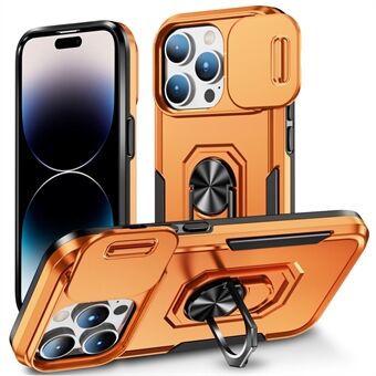 For iPhone 14 Pro Max Ring Kickstand Hard PC + Soft TPU Case Slide Camera Protector Phone Cover with Car Mount Metal Sheet