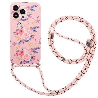For iPhone 14 Pro Max IMD Flower Pattern Printed TPU Case Anti-scratch Phone Cover with Lanyard