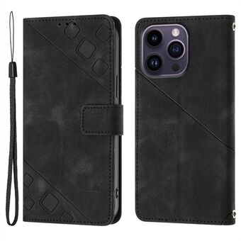 PT005 YB Imprinting Series-6 Leather Shell for iPhone 14 Pro Max Skin Touch Stand Wallet Shock-absorbing Case