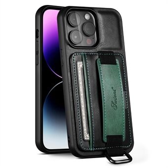 SUTENI H13 Phone Kickstand Case with Hand Strap for iPhone 14 Pro Max Card Holder Leather Coated PC + TPU Cover