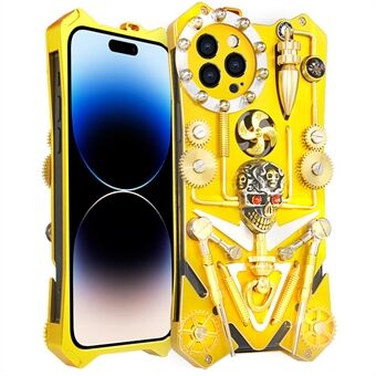 For iPhone 14 Pro Max Gear Metal Phone Case Handmade Skull Shockproof Handmade Phone Cover - Gold