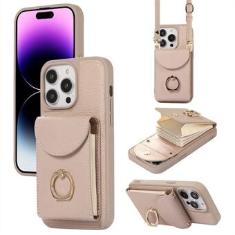 For iPhone 14 Pro Max Accordion Style Card Slots Case Leather Coated TPU Phone Kickstand Cover with Shoulder Strap