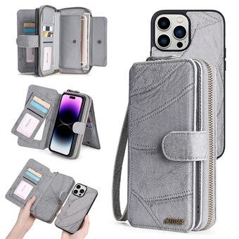 MEGSHI 004 Series For iPhone 14 Pro Max Detachable Zipper Wallet Leather Case Anti-drop Stand Cover