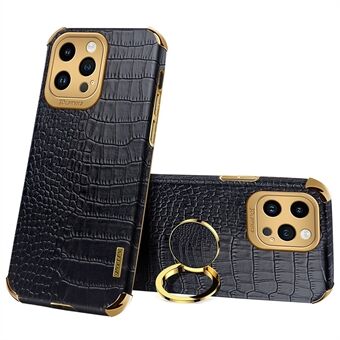 6D Electroplating Phone Case for iPhone 14 Pro Max , Crocodile Texture PU Leather Coated TPU Cover with  Kickstand