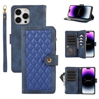 For iPhone 14 Pro Max Multiple Card Slots Zipper Pocket Rhombus PU Leather Stand Phone Cover