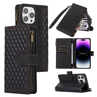 For iPhone 14 Pro Max PU Leather 9 Card Slots Phone Case Imprinted Zipper Pocket Wallet Cover with Stand