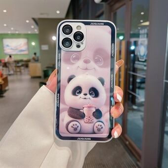 For iPhone 14 Pro Max Milk Tea Panda Pattern Printing Tempered Glass+TPU Case Phone Cover with Lens Film